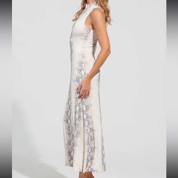 AKIRA Cream Snakeskin Clear Beaded Rhinestone High Neck Maxi Dress - Picture 3 of 12